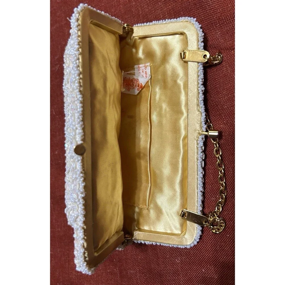 Vintage 50s La Regale Ivory White Beaded Sequin Clutch Bag Purse Gloves Set
